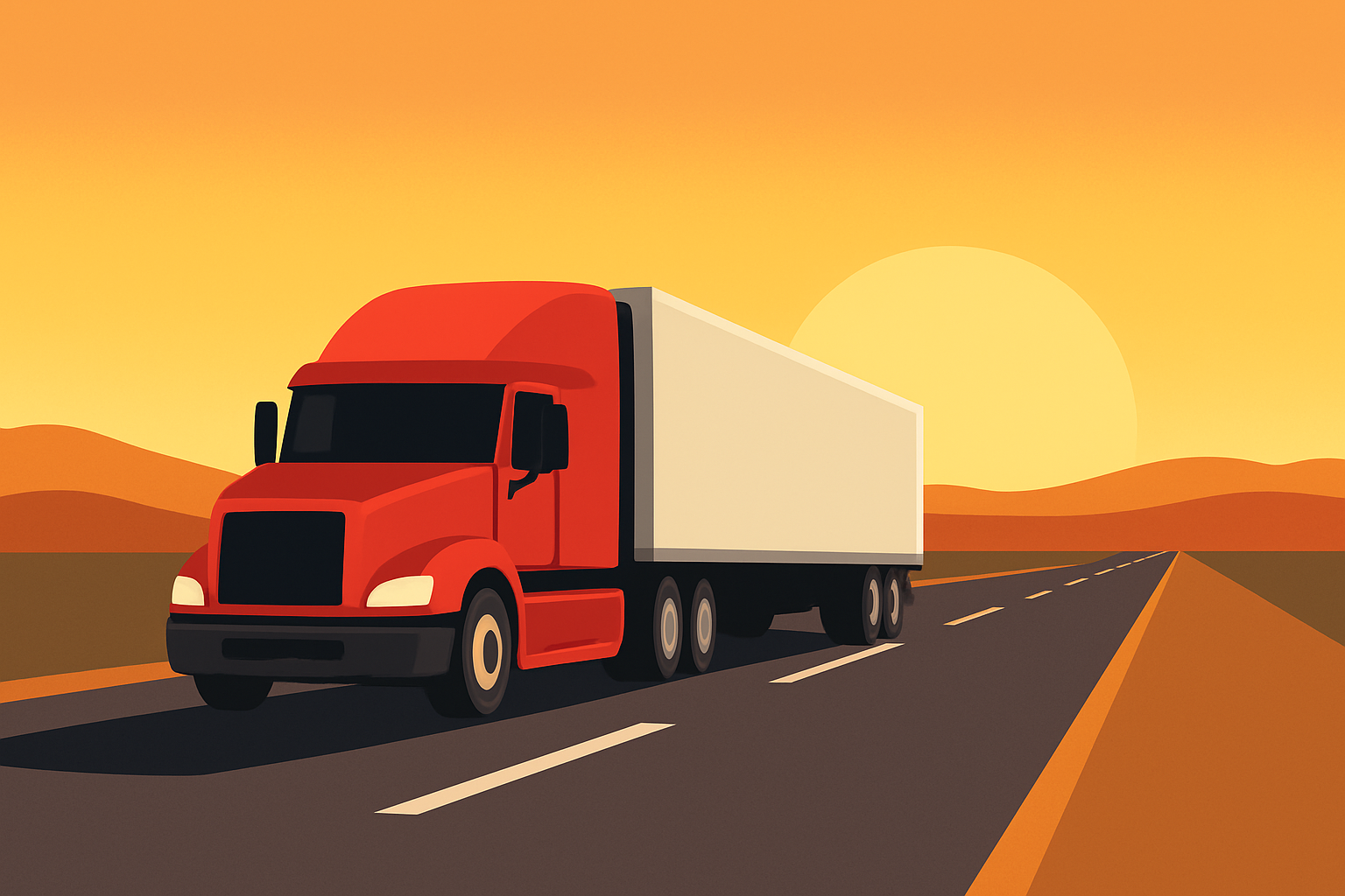 Semi truck driving toward the horizon